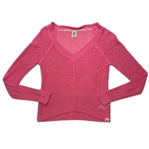 Roxy Bright Pink Waffle Mesh Knit V-Neck Sweater